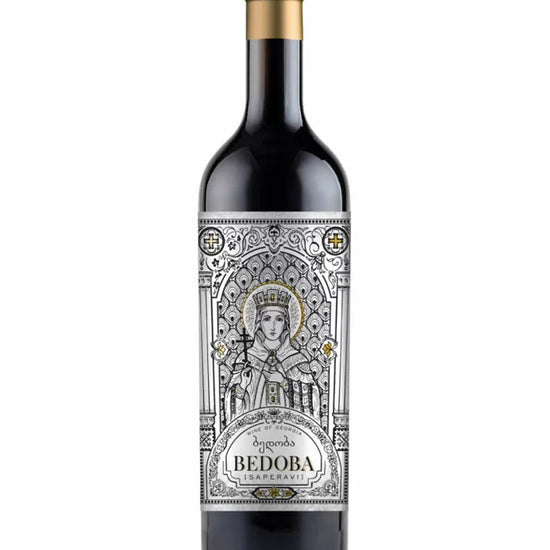 Bedoba Saperavi 2023 Georgian red wine bottle with ornate label featuring a regal figure and gold accents
