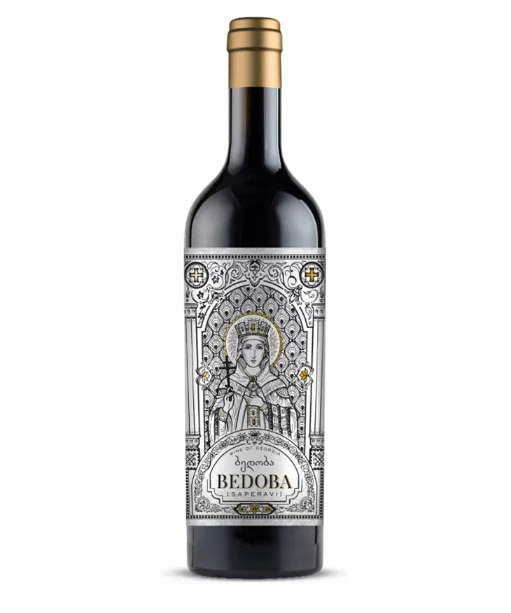 Bedoba Saperavi 2023 Georgian red wine bottle with ornate label featuring a regal figure and gold accents