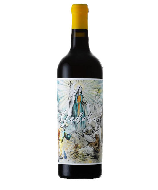 Wine bottle with decorative label on a white background