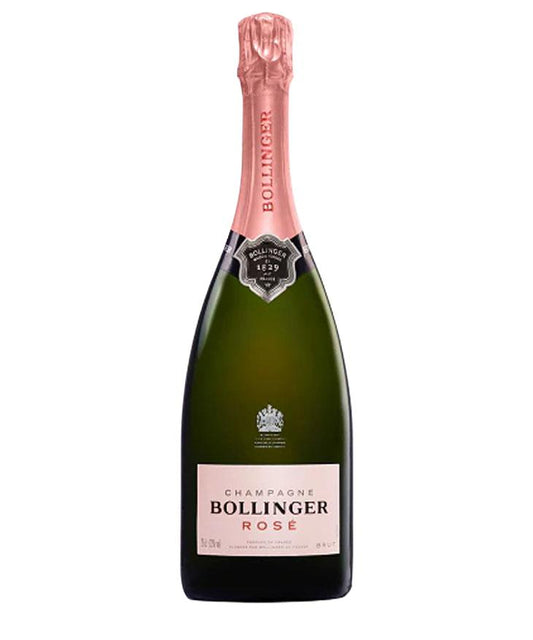 Bollinger Rosé NV Champagne bottle with pink foil - elegant non-vintage French rosé Champagne.