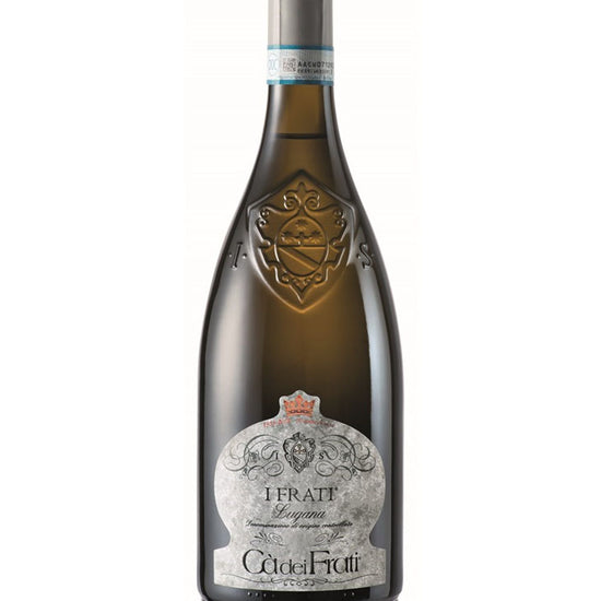 Bottle of Ca dei Frati I Frati Lugana DOC Italian white wine, elegant dry wine from Lake Garda, Italy