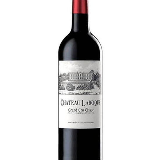 A bottle of Chateau Laroque Grand Cru Classique red wine, featuring a dark glass bottle with a red foil capsule and a white label depicting a chateau illustration.
