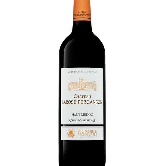 Bottle of Château Larose Perganson Haut-Médoc Cru Bourgeois red wine with orange capsule and Vignoble Responsible sustainable certification label