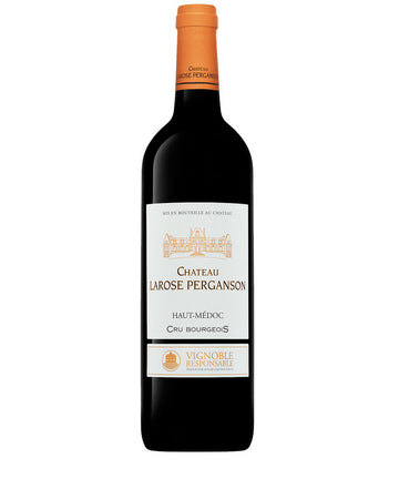 Bottle of Château Larose Perganson Haut-Médoc Cru Bourgeois red wine with orange capsule and Vignoble Responsible sustainable certification label