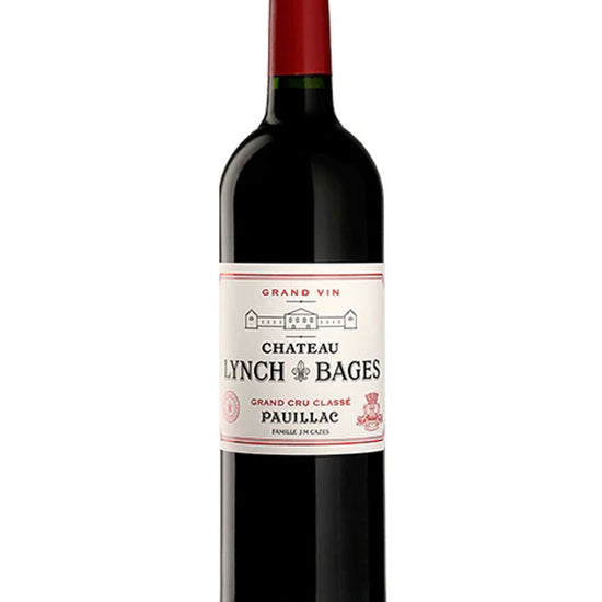 Bottle of Château Lynch-Bages 2011 Grand Cru Classé red wine from Pauillac, Bordeaux, with red capsule and classic French label