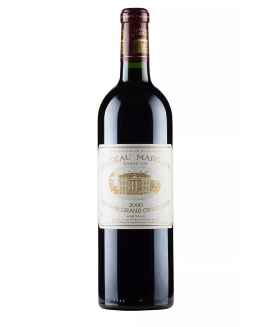Bottle of Château Margaux 2000 Premier Grand Cru Classé – iconic Bordeaux red wine from Margaux with elegant cream label and gold accents