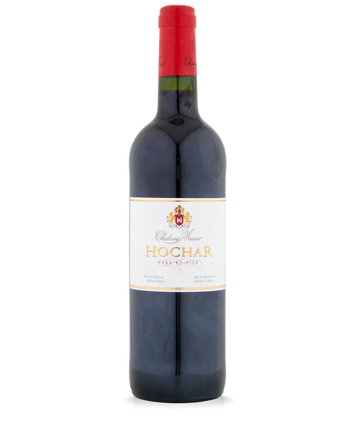 Red wine bottle with a red cap and visible label on a white background