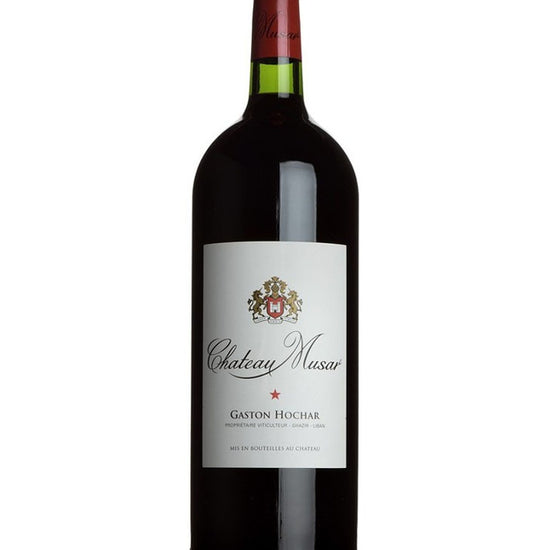 Bottle of Chateau Musar wine on a white background