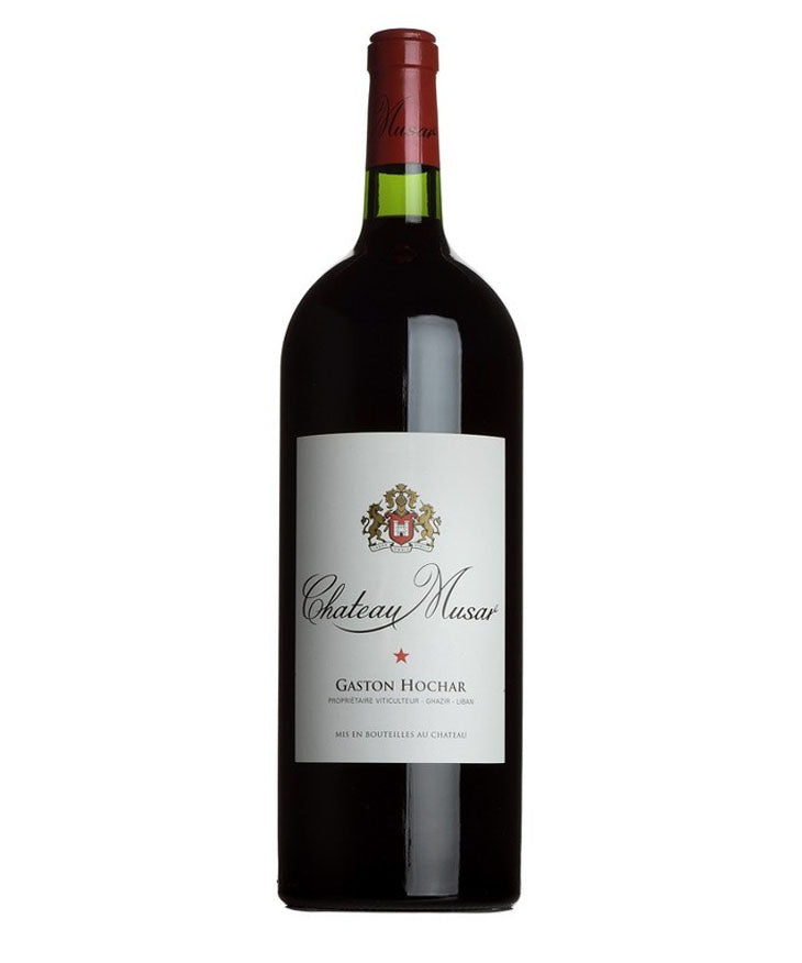 Bottle of Chateau Musar wine on a white background