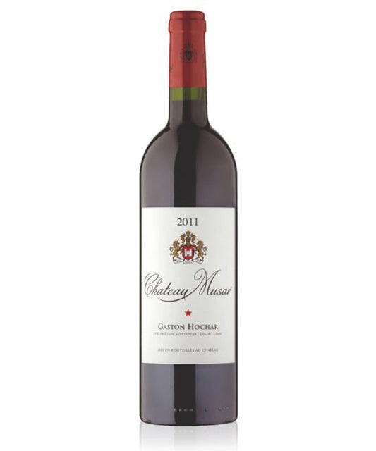 Red wine bottle with a visible label on a white background