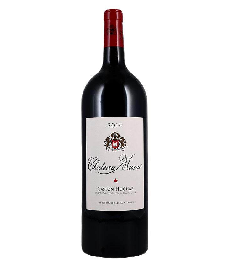 Red wine bottle with a visible label on a white background