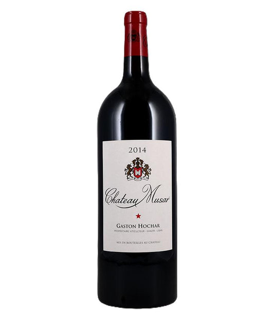 Red wine bottle with a visible label on a white background