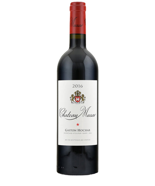 Bottle of Chateau Musar Red 2016 wine with red foil capsule and cream label featuring the winery crest and the name Gaston Hochar.