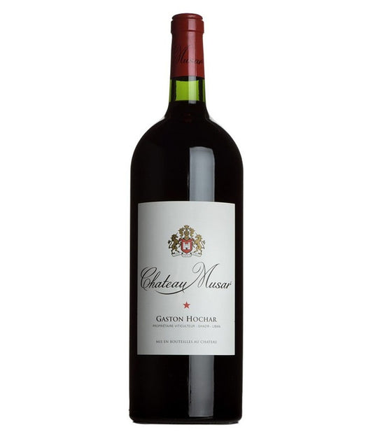 Bottle of Chateau Musar wine on a white background