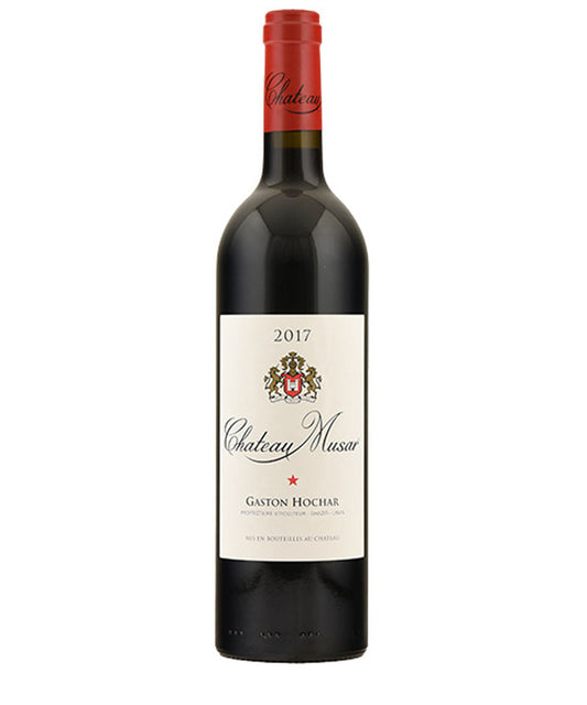 Bottle of Chateau Musar Red 2017 wine with red foil capsule and cream label featuring the winery crest and the name Gaston Hochar.