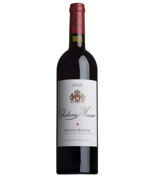 Bottle of Chateau Musar Red 2018 wine with red foil capsule and cream label featuring the winery crest and the name Gaston Hochar.