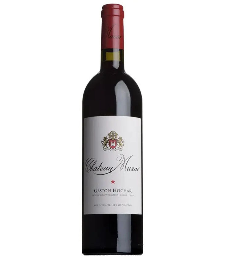 Red wine bottle with a visible label on a white background