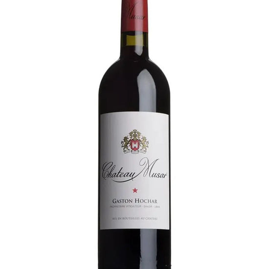 Red wine bottle with a visible label on a white background