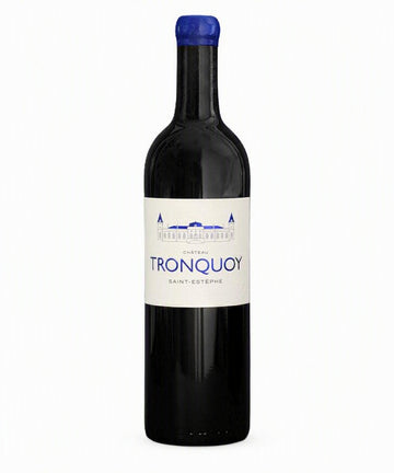 A bottle of Château de Tronquoy Saint-Estèphe red wine, featuring a dark glass bottle with a cream-colored label and a blue foil cap, set against a plain light gray background.