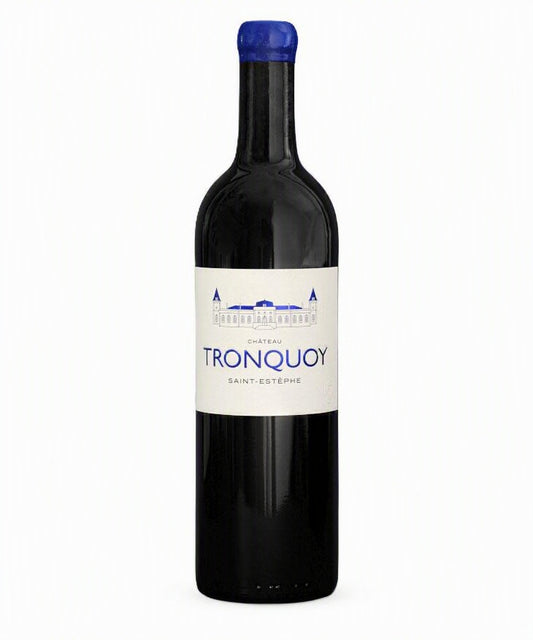 A bottle of Château de Tronquoy Saint-Estèphe red wine, featuring a dark glass bottle with a cream-colored label and a blue foil cap, set against a plain light gray background.