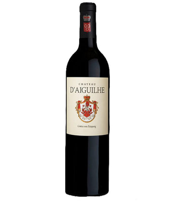 Bottle of Château d'Aiguilhe 2012 red wine from Castillon Côtes de Bordeaux with detailed label and crest