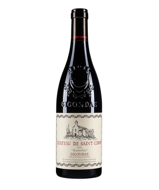 Bottle of Château de Saint Cosme Gigondas "Hominis Fides" 2021 vintage red wine from Rhône Valley, France