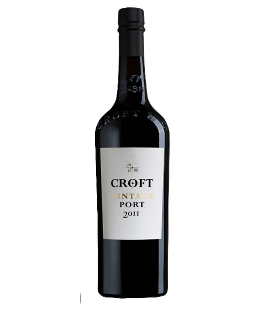 A bottle of Croft Vintage Port 2011, featuring a dark glass bottle with a white label and gold lettering, set against a plain white background.