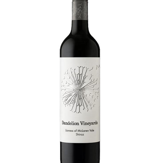 Wine bottle with a white label featuring black text and design on a white background