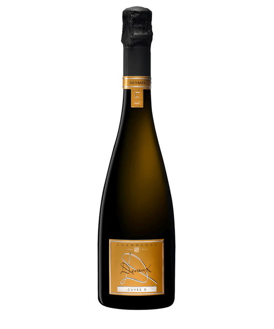 Devaux Cuvée D 5 NV Champagne bottle with gold label and black foil wrap
