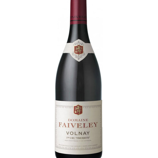 Wine bottle with 'Domaine Faiveley Volnay' label on a white background