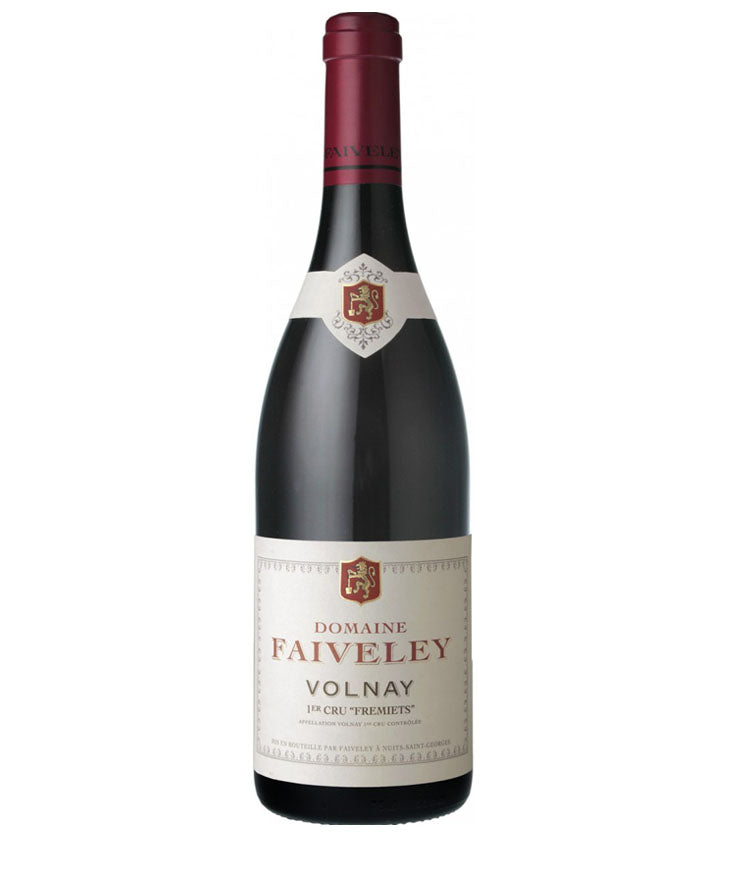 Wine bottle with 'Domaine Faiveley Volnay' label on a white background
