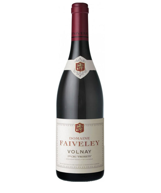 Wine bottle with 'Domaine Faiveley Volnay' label on a white background