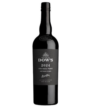A bottle of Dow's 2024 Vintage Port in 2024, featuring a dark glass bottle with a black label and white text, set against a plain white background.
