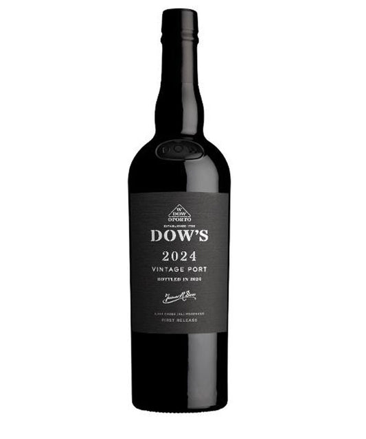 A bottle of Dow's 2024 Vintage Port in 2024, featuring a dark glass bottle with a black label and white text, set against a plain white background.
