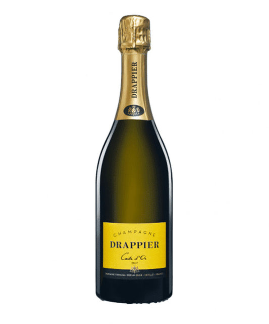 A bottle of Drappier Creme d'Or Champagne, featuring a dark brown glass bottle, a gold foil neck wrap, and a prominent gold label on the front.