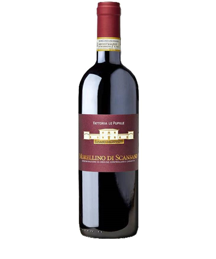 Red wine bottle with a visible label on a white background