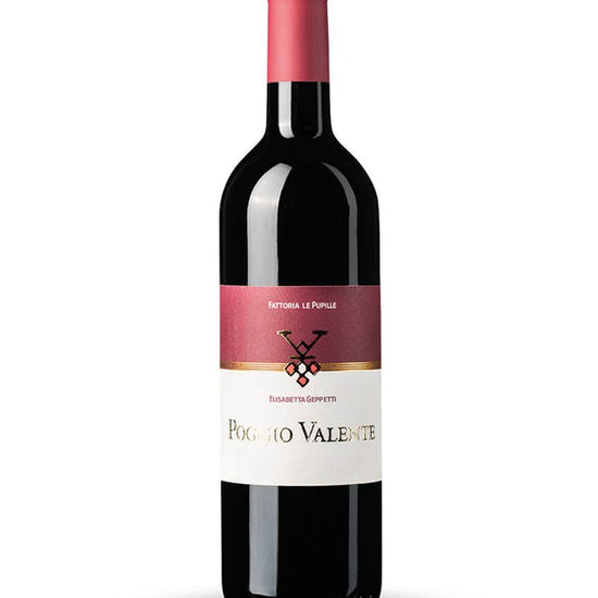 A bottle of red wine Poggio Valente, featuring a dark glass body, a pinkish-red wax seal, and a label with a red top section, a gold band, and a white bottom section.