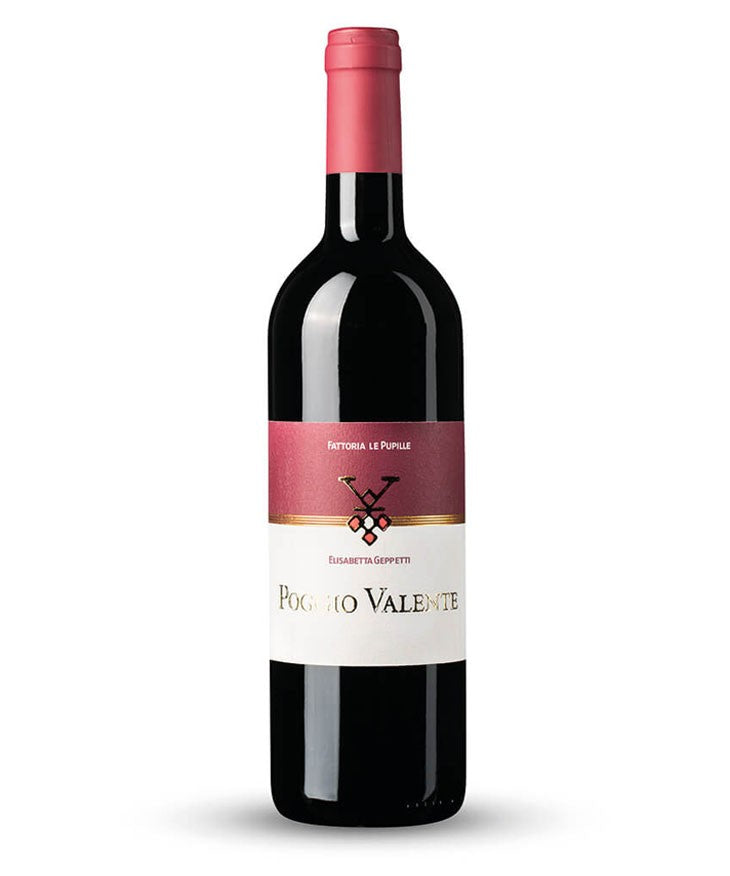 A bottle of red wine Poggio Valente, featuring a dark glass body, a pinkish-red wax seal, and a label with a red top section, a gold band, and a white bottom section.