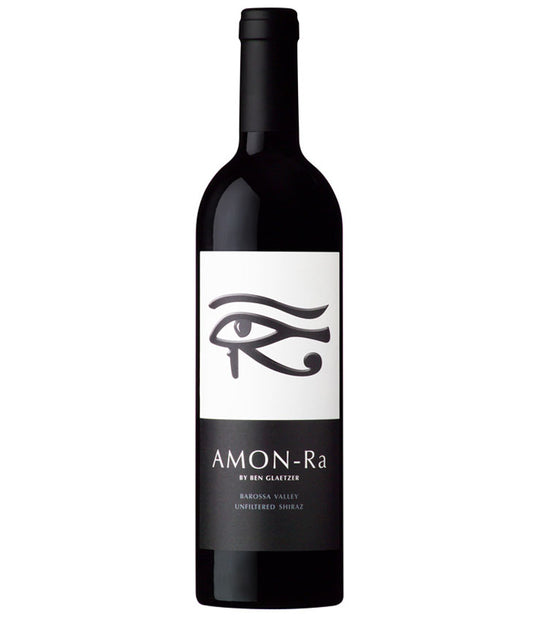 Glaetzer Amon-Ra Shiraz 2021 wine bottle featuring Eye of Horus label design, Barossa Valley unfiltered red wine by Ben Glaetzer