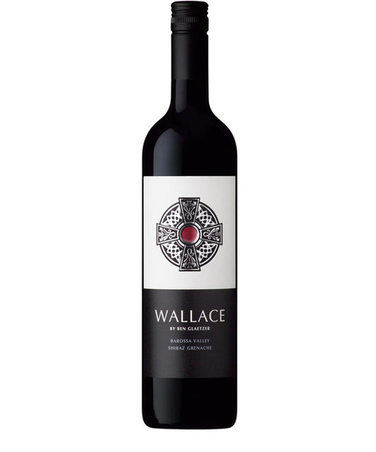 Glaetzer Wallace Shiraz Grenache 2020 wine bottle with Celtic cross label design, Barossa Valley blend by Ben Glaetzer