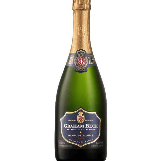 Bottle of Graham Beck Blanc de Blancs champagne on a white background