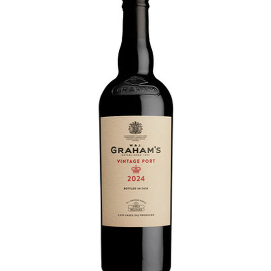 A bottle of Graham's Vintage Port 2024 on a plain white background.
