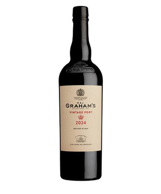 A bottle of Graham's Vintage Port 2024 on a plain white background.