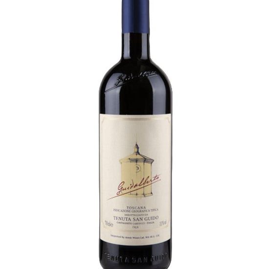 Guidalberto 2021 Toscana red wine bottle from Tenuta San Guido with distinctive beige label and blue foil capsule