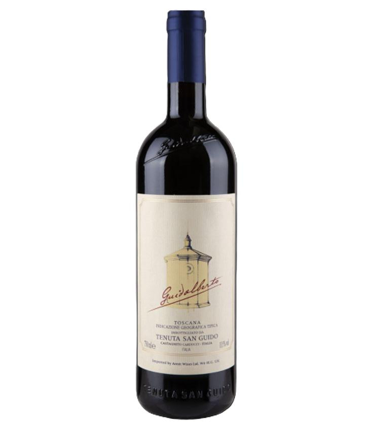Guidalberto 2021 Toscana red wine bottle from Tenuta San Guido with distinctive beige label and blue foil capsule