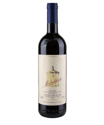 Guidalberto 2021 Toscana red wine bottle from Tenuta San Guido with distinctive beige label and blue foil capsule