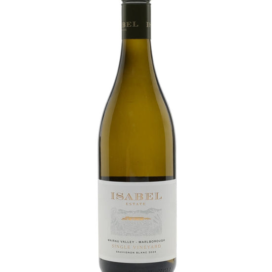 Bottle of Isabel Estate Single Vineyard Sauvignon Blanc 2024 from Wairau Valley, Marlborough, with a white label and gold lettering