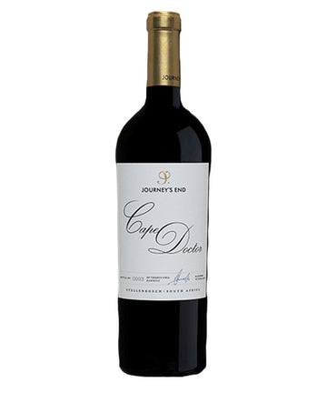 A bottle of Journey's End Cape Doctor red wine, featuring a dark glass bottle with a gold foil capsule and a white label with elegant black script.