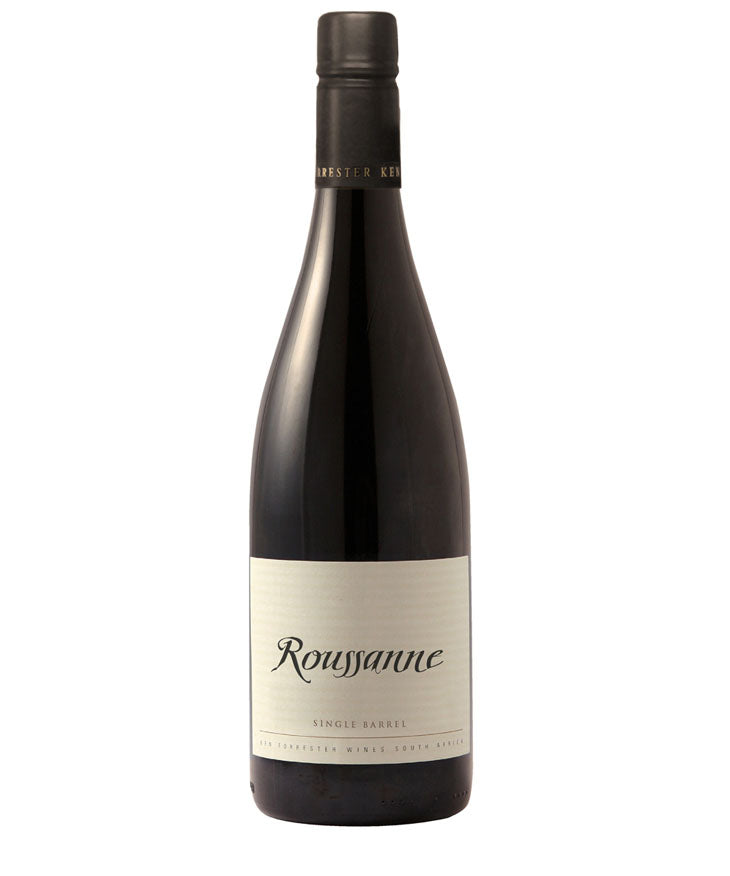 Wine bottle labeled 'Roussanne' on a white background