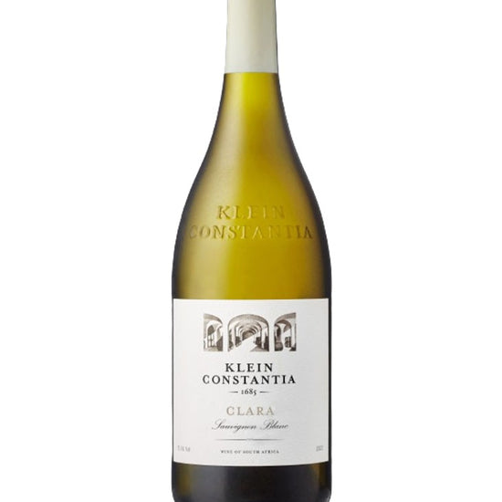 A bottle of Klein Constantia Clare Sauvignon Blanc white wine, featuring a pale green glass bottle, a white paper label with black text, and a white foil capsule at the neck, set against a plain white background.